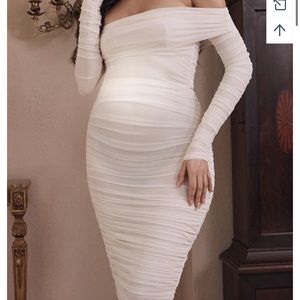 Momnfancy White Ruched Off Shoulder Bodycon Long Sleeve Mini Dress